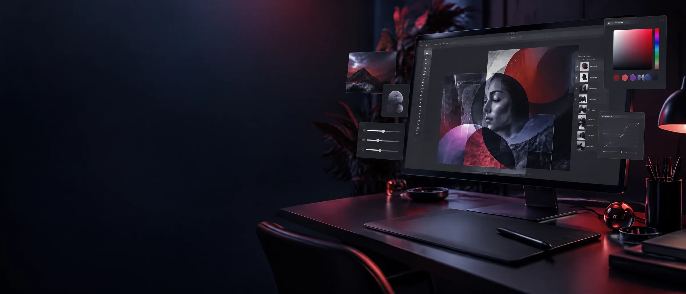 Adobe Creative Cloud 1 Month Ready Account: a dark design workstation with a layered image-editing screen, color palette panel and graphics tablet