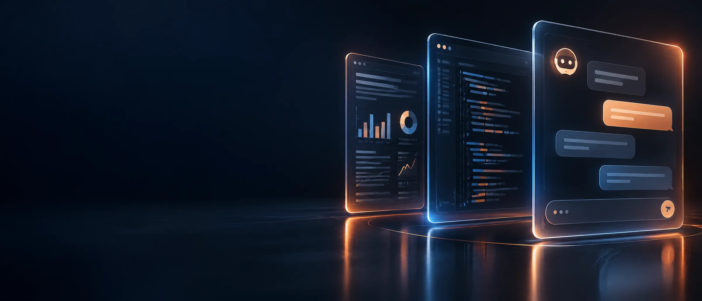 Claude API Token Packages, Key or Code: dark navy AI workspace scene with chat, code and document analysis panels