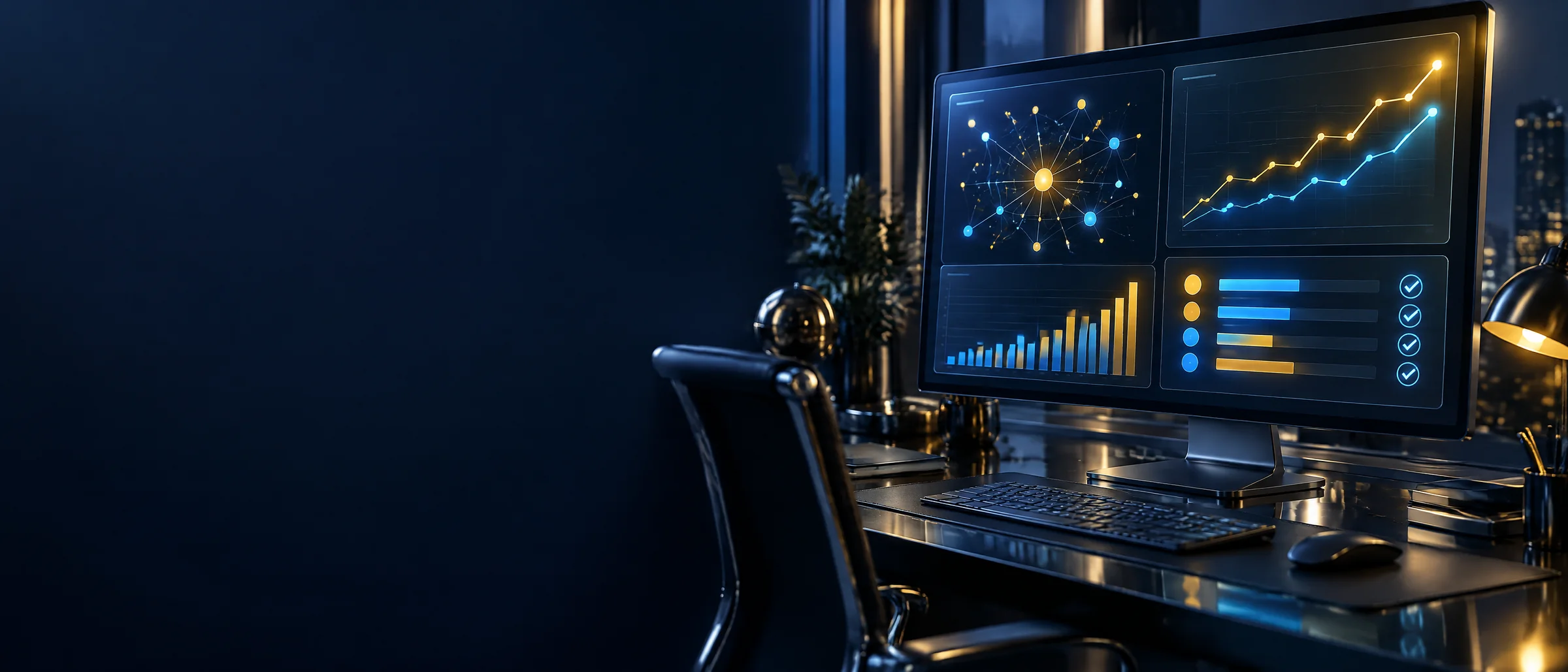 cognitiveSEO حساب جاهز لمدة 7 أيام: premium workspace with a dark screen showing a backlink network, ranking trend lines and a site-audit checklist