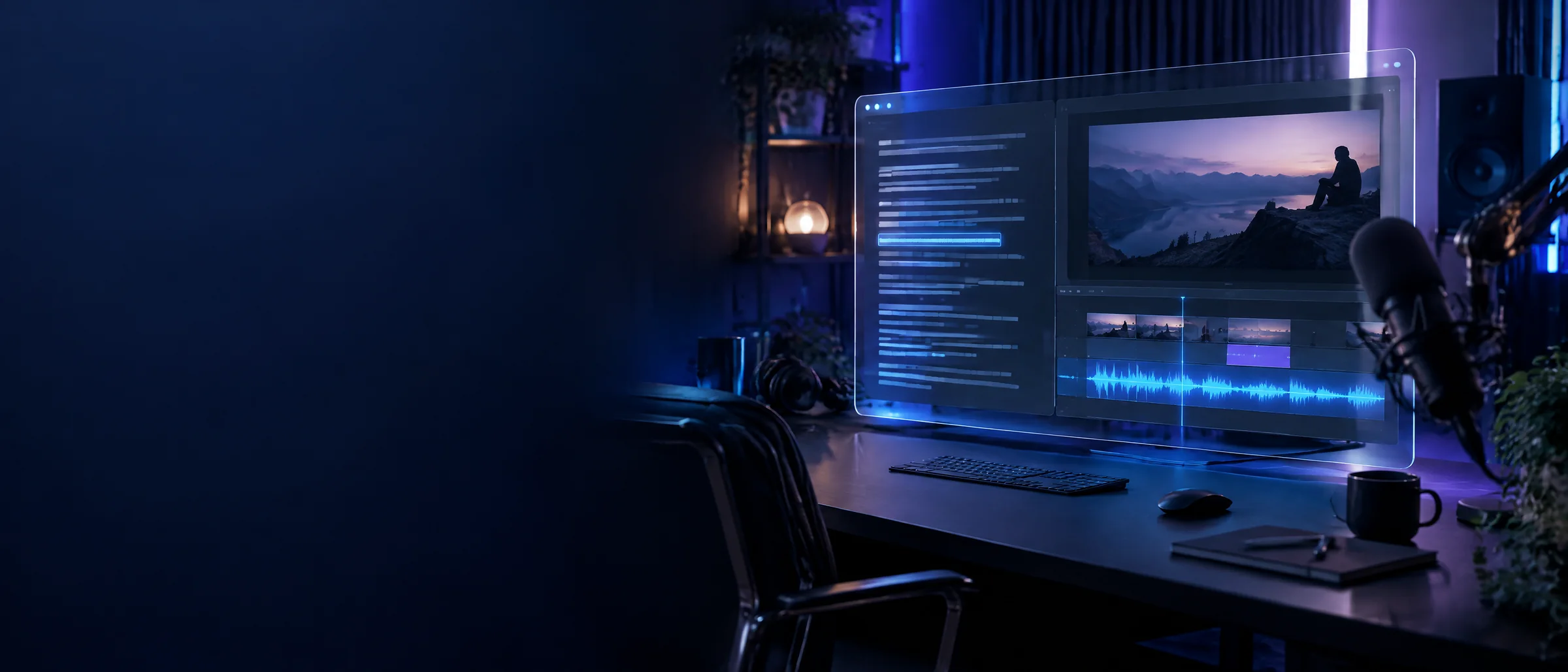 Descript Creator – 12 Months Coupon Code: dark navy studio scene with a transcript, video timeline and audio waveform illustrating text-based editing