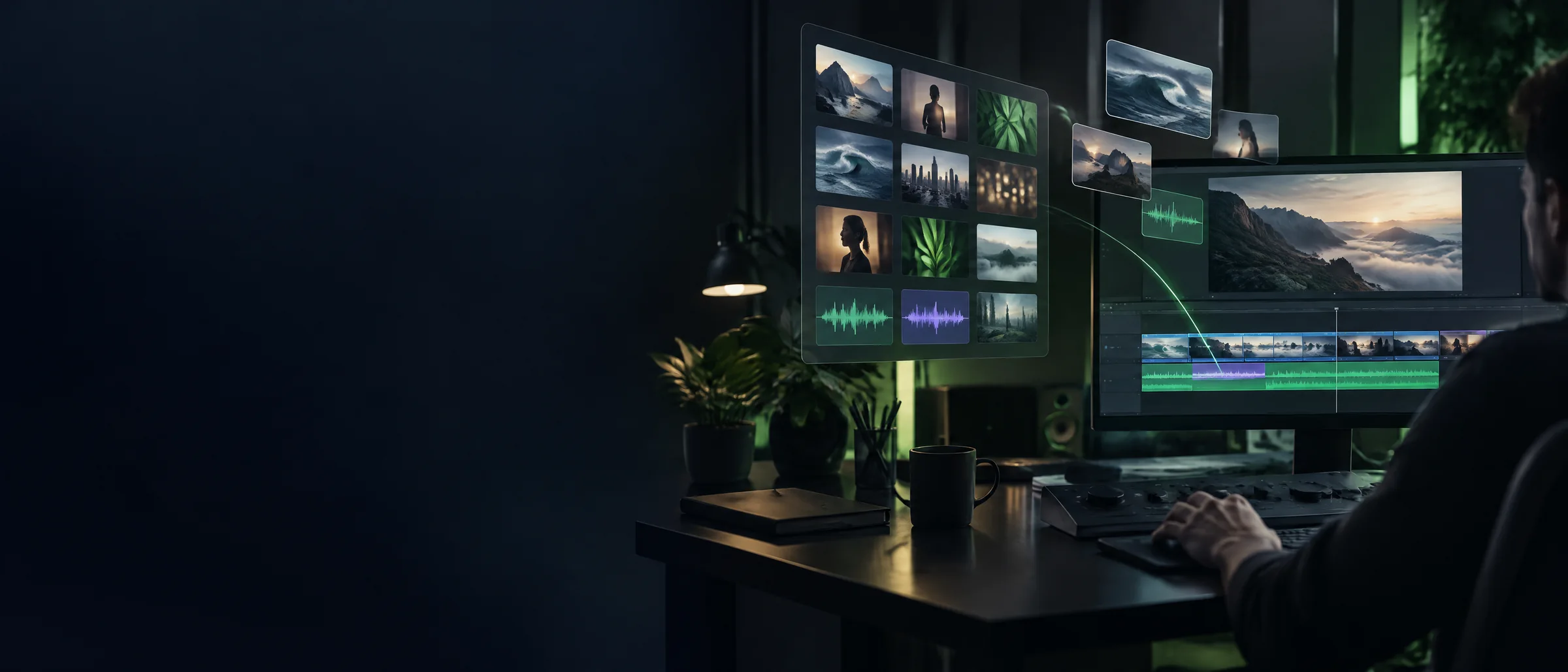Envato Elements Download Key, 25 Downloads a Day: templates, footage and audio flowing into a video editing screen in a dark studio