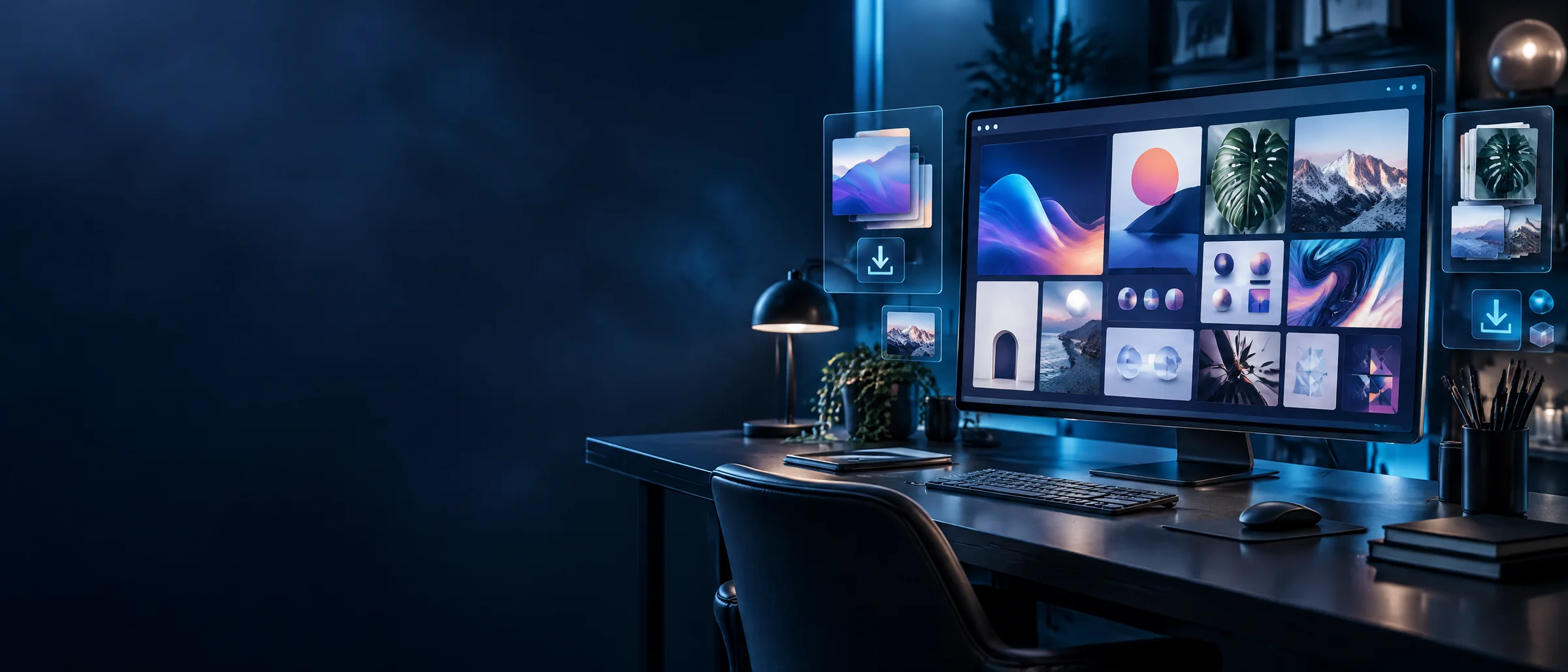 Freepik Download Key, 20 Downloads a Day: a dark designer desk with a widescreen showing a grid of images and vector assets