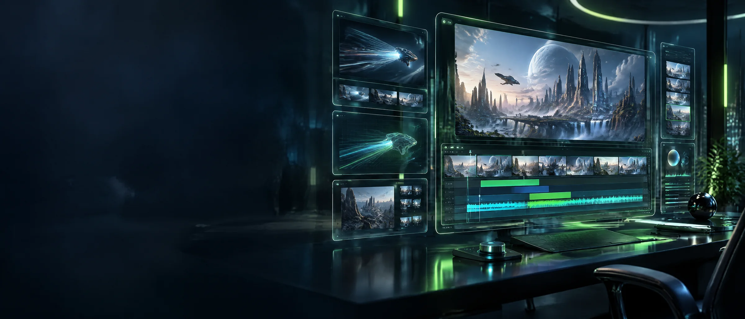 Higgsfield AI Ultra, Plus, Credit and Genjutsu Packs: cinematic AI video studio with a video editing timeline on glass panels