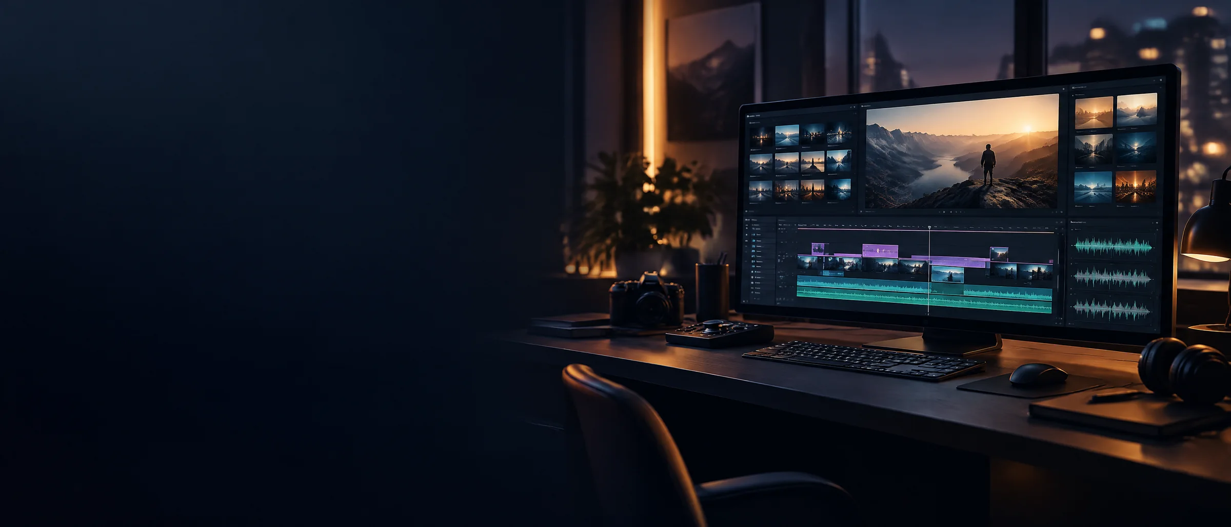 Motion Array Download Key, 50 Downloads a Day: a dark editing desk with a video timeline and template thumbnails on screen