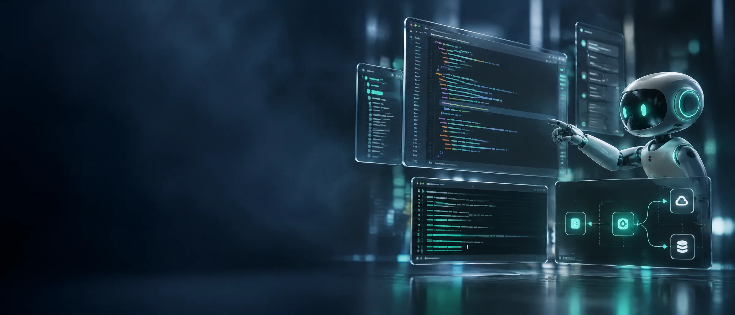 GPT API (Codex) Credit Packages, Activation Code: dark navy AI coding scene with code editor, terminal and API flow diagram panels