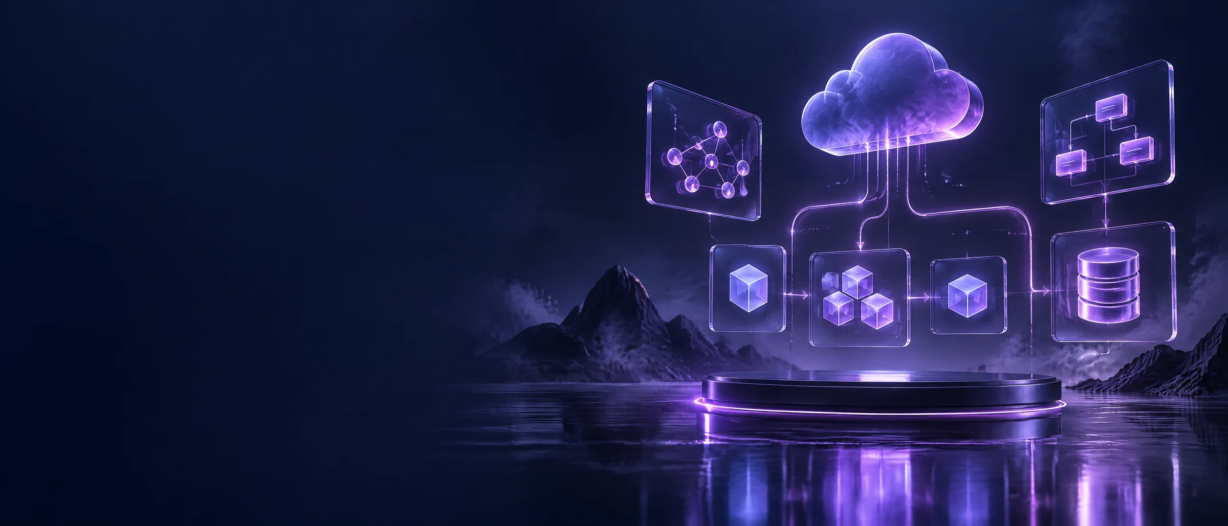 Railway Hobby كود ترويجي لمدة 12 شهرًا: dark navy cinematic scene of glass panels and connected service blocks illustrating app and database deployment