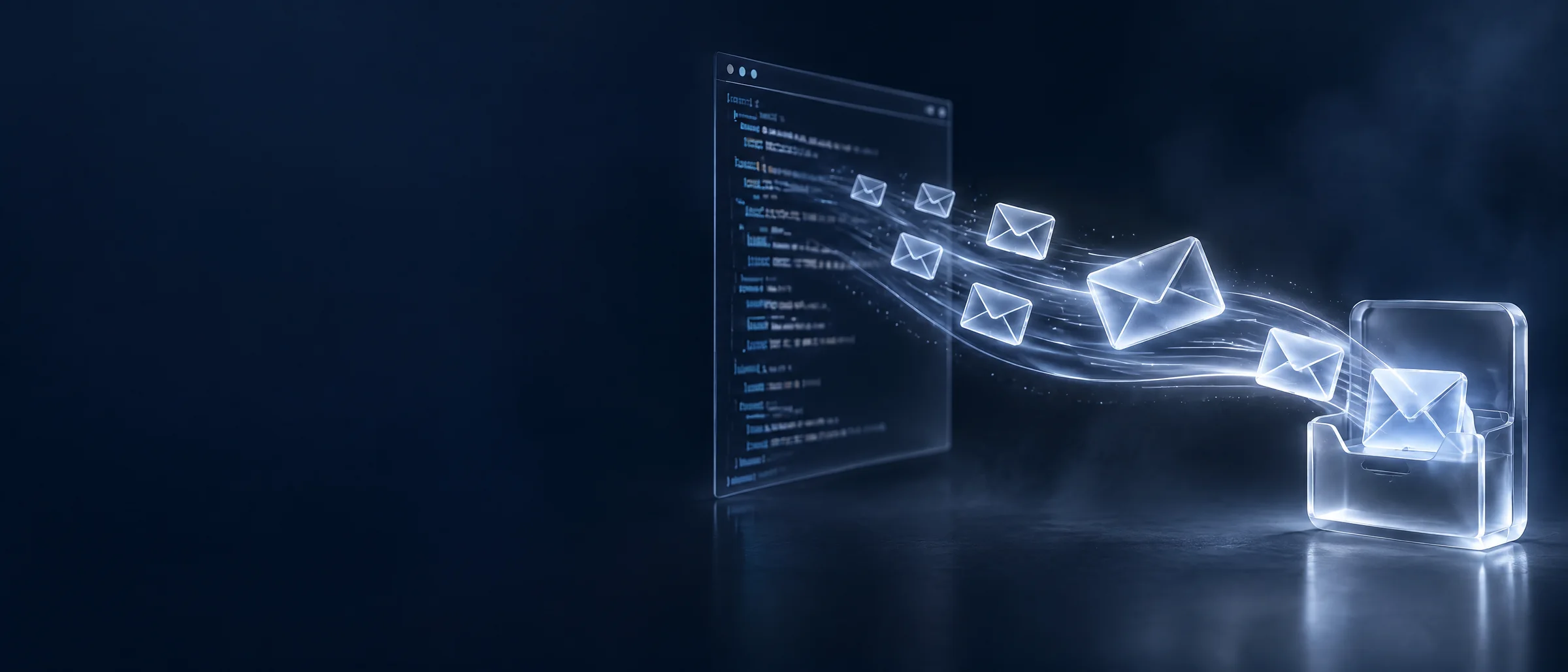 Resend Pro – 12 Months Coupon Code: dark navy scene of translucent envelopes flowing from a code editor to a glass inbox, illustrating sending email via API