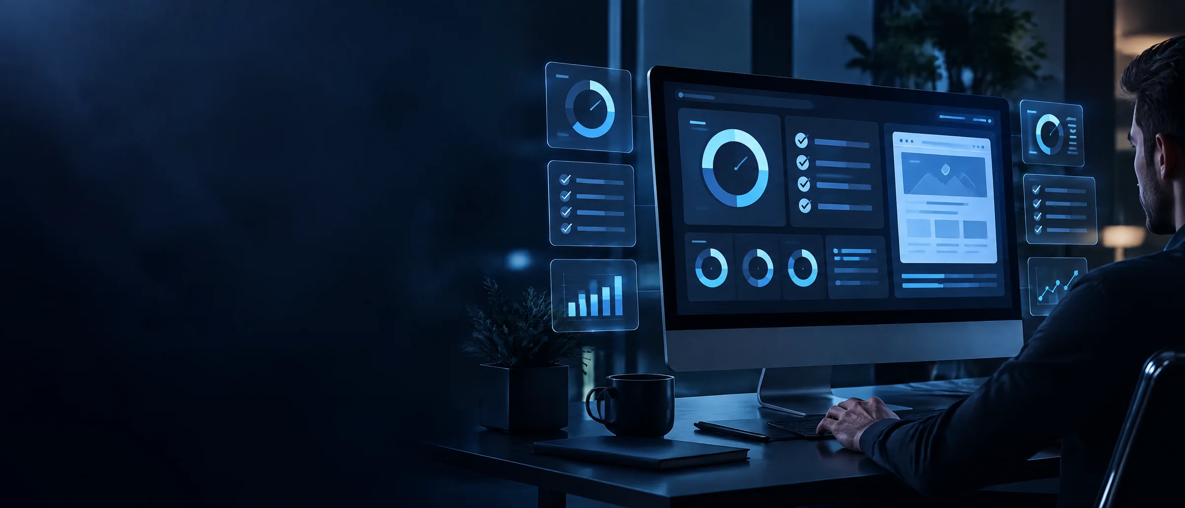 SEOptimer 14 Days Ready Account: a dark workstation with a monitor showing a website audit report with score gauges and checklists
