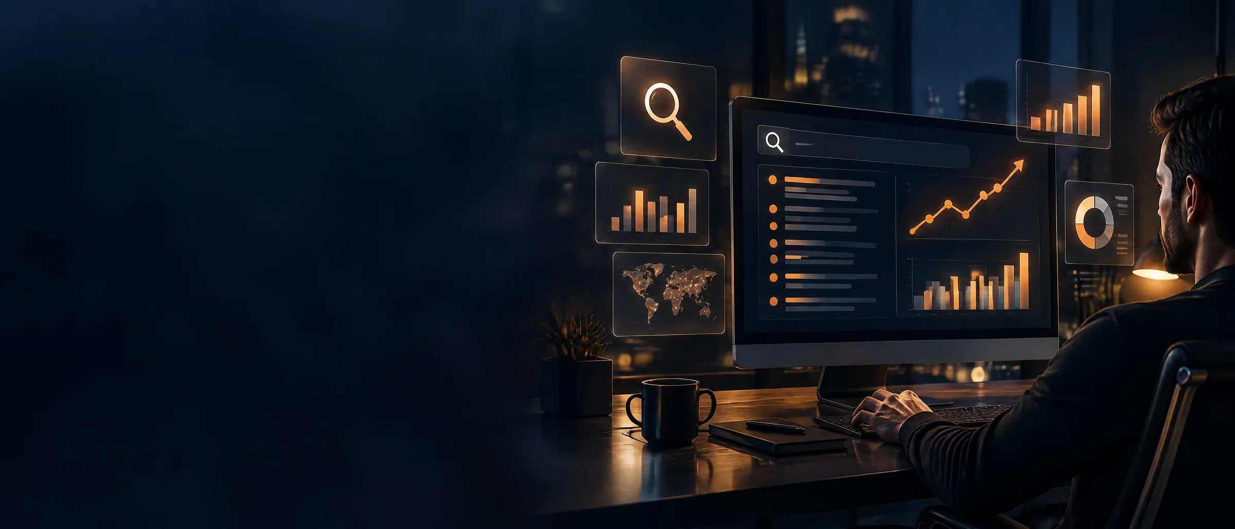 Ubersuggest 7 Days Ready Account: a dark workstation with a monitor showing keyword lists and rising trend charts