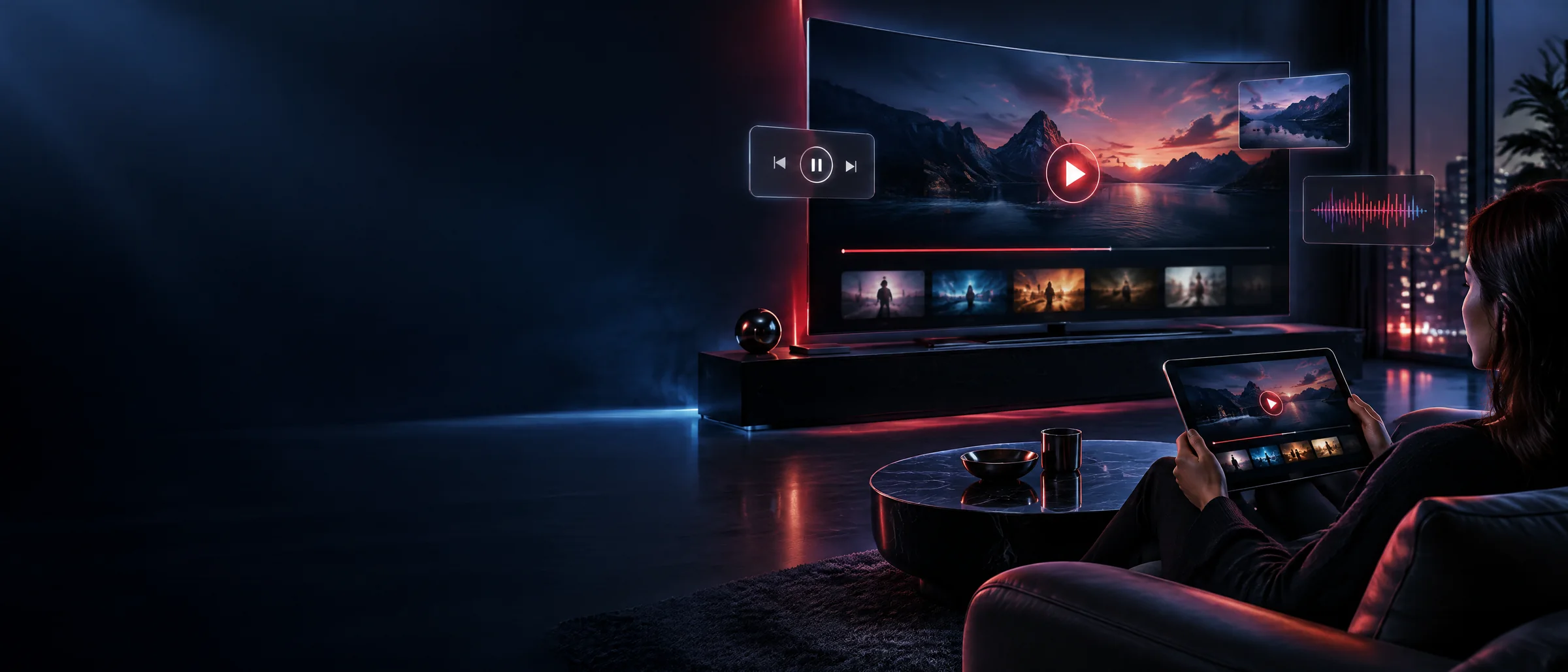 YouTube Premium – 3 Months Coupon Code: ad-free video viewing on a curved screen and tablet in a dark room