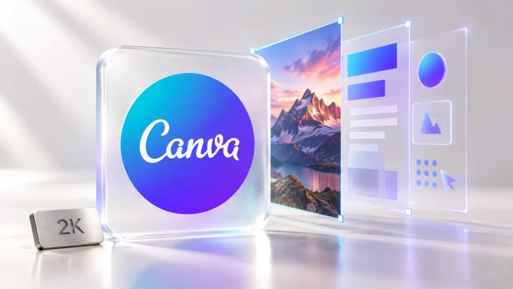 Canva Craft: Canva logolu buzlu cam kart ve arkasında düzenlenebilir katmanlara ayrılan yapay zekâ afiş tasarımı