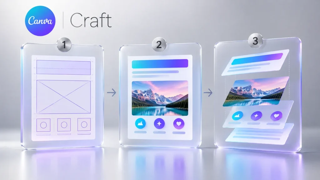 How Canva Craft works: layout plan, rendered design and result separated into layers, shown in three panels