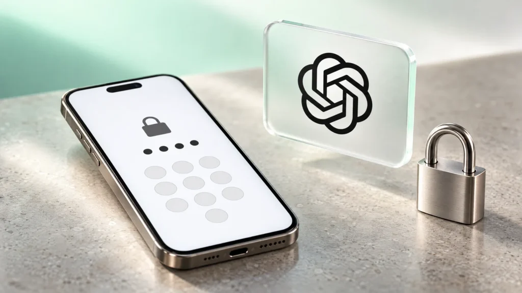 How to lock ChatGPT chats: a phone showing a PIN screen next to a frosted glass card with the ChatGPT logo and a closed metal padlock