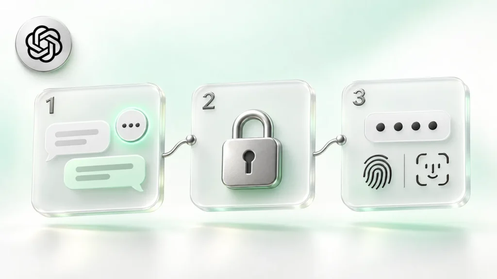 The three steps to lock a ChatGPT chat: chat menu, padlock and a 4-digit PIN with Face ID and fingerprint options