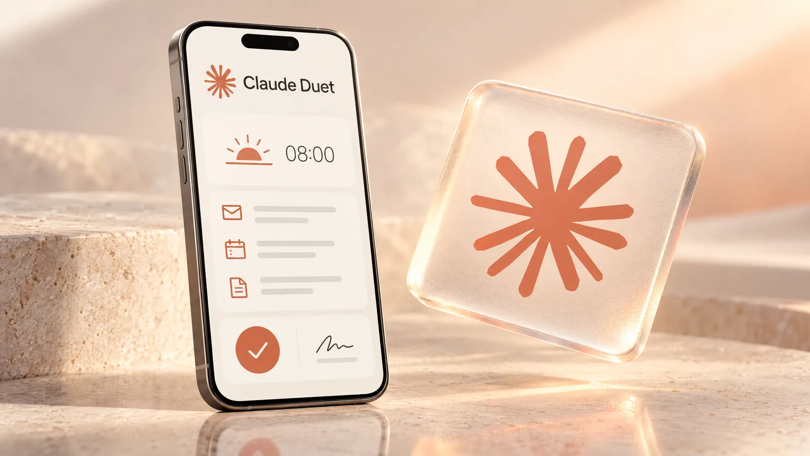 Claude Duet waitlist: a phone showing a morning brief and an approval card next to a frosted glass tile with the Claude logo