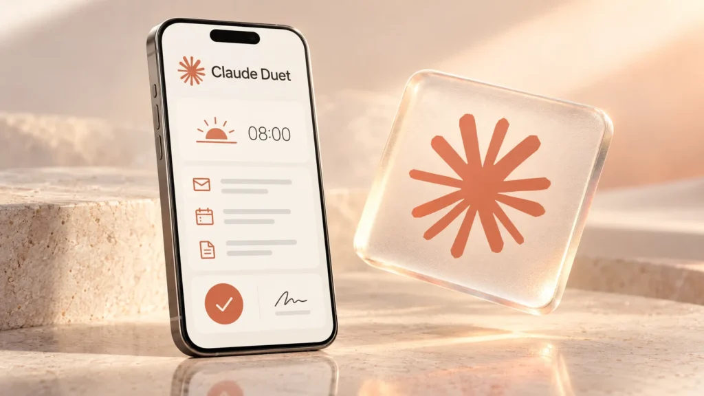 قائمة انتظار Claude Duet: هاتف يعرض موجزا صباحيا وبطاقة موافقة بجانب لوح من الزجاج المصنفر يحمل شعار Claude