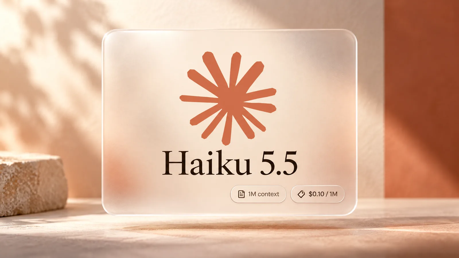 Claude Haiku 5.5 duyurusu: koyu zemin üzerinde Claude logosu ve Haiku 5.5 etiketi taşıyan buzlu cam kart, keynote tarzı stüdyo ışığı