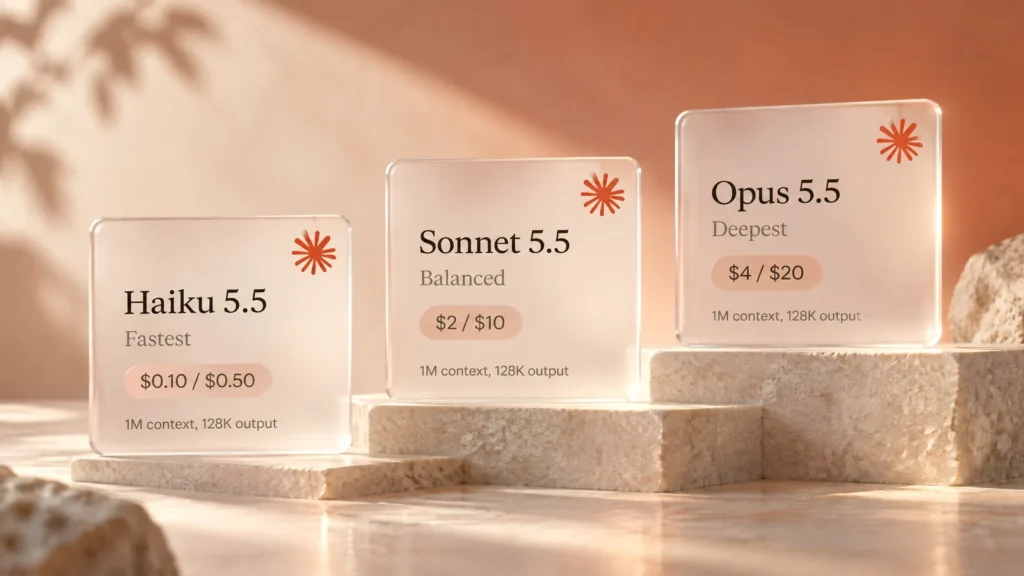 Three Claude models side by side as premium 3D glass cards: Haiku 5.5, Sonnet 5.5 and Opus 5.5, each with speed and price tags