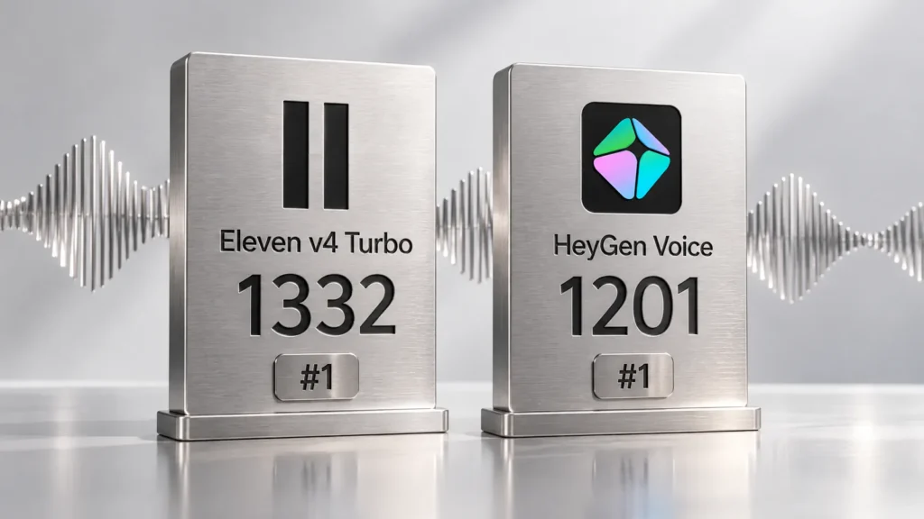 Eleven v4 Turbo 1332 ve HeyGen Voice 1201 Elo puanlarını gösteren, ElevenLabs ve HeyGen logolu iki metal skor paneli
