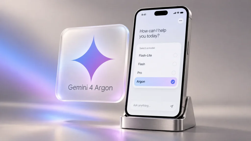 Gemini 4 Argon kapak görseli: model menüsünde Flash-Lite, Flash, Pro ve seçili Argon görünen telefon, yanında buzlu cam üzerinde Gemini logosu