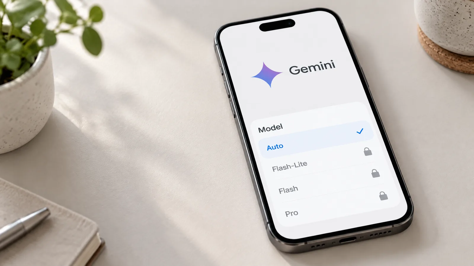 A phone showing the Gemini app's model menu with Auto selected and Flash-Lite, Flash and Pro locked