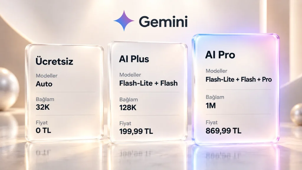 Gemini paketleri karşılaştırması: Ücretsiz Auto, 32K bağlam, 0 TL; AI Plus Flash-Lite ve Flash, 128K, 199,99 TL; AI Pro Flash-Lite, Flash ve Pro, 1M, 869,99 TL