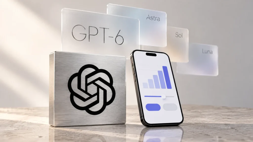 GPT-6 Sol مقابل Astra: شعار OpenAI على بلاطة من الألومنيوم المصقول بجانب هاتف يعرض إجابة من ChatGPT برسم بياني تفاعلي، وخلفهما بطاقات من الزجاج المصنفر كتب عليها Astra وSol وLuna