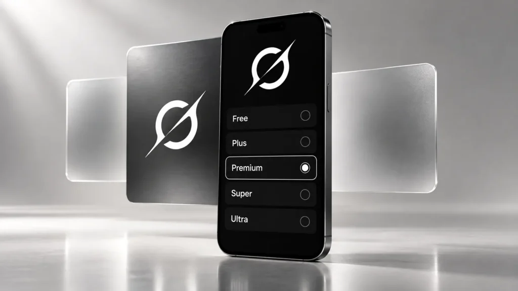 Grok logolu akıllı telefonda Free, Plus, Premium, Super ve Ultra plan seçim ekranı, arkada buzlu cam ve metal kartlar