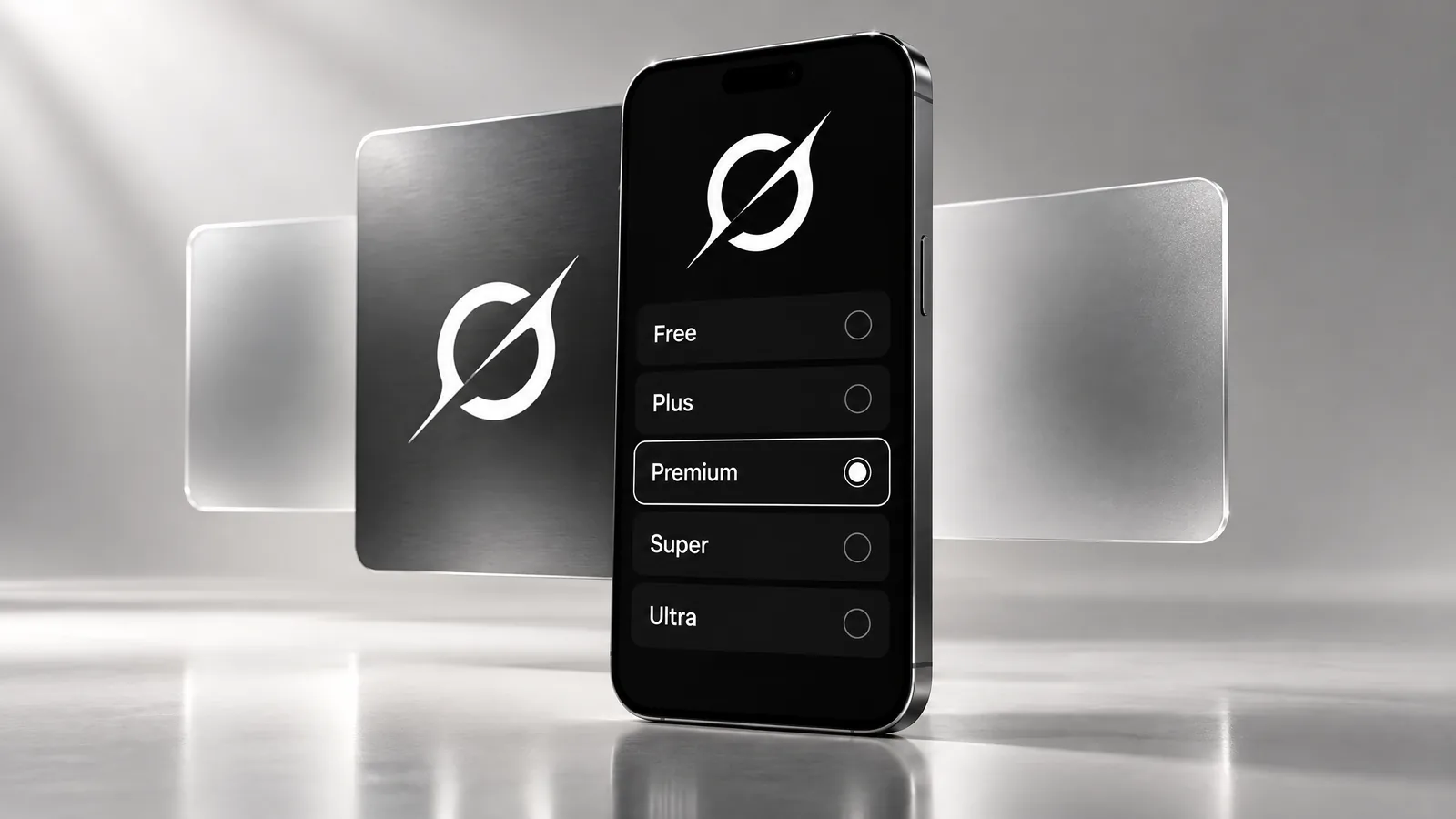 Grok logolu akıllı telefonda Free, Plus, Premium, Super ve Ultra plan seçim ekranı, arkada buzlu cam ve metal kartlar