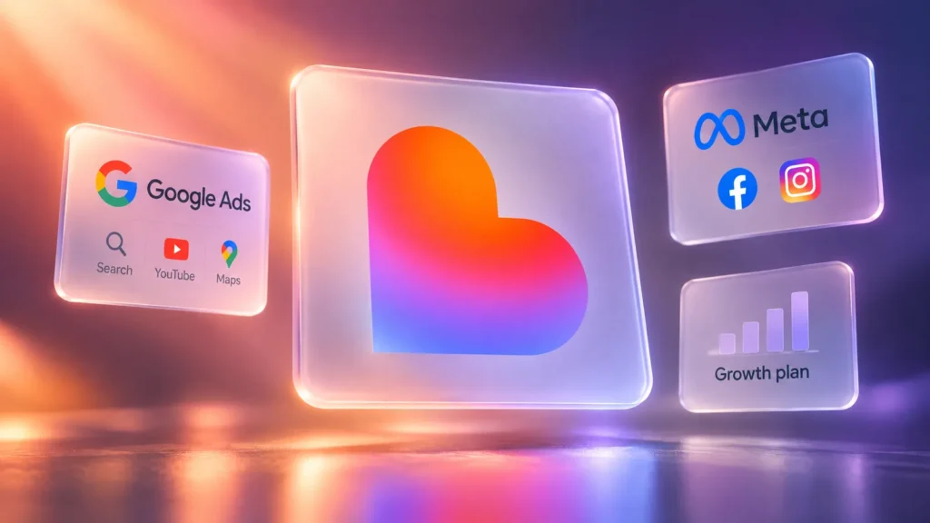 Lovable Growth Tools duyurusu: Lovable kalp logosu etrafında Google Ads ve Meta hesap kartları, premium 3D cam estetiği ve stüdyo ışığı