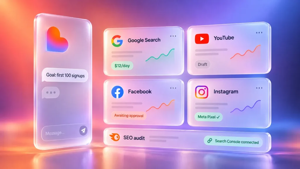 خطة نمو على لوحة Lovable: Lovable في زاوية المحادثة، وتحتها بطاقات حملات Google Ads للبحث وYouTube وحملات Meta على Facebook وInstagram، مع شارات الميزانية والموافقة