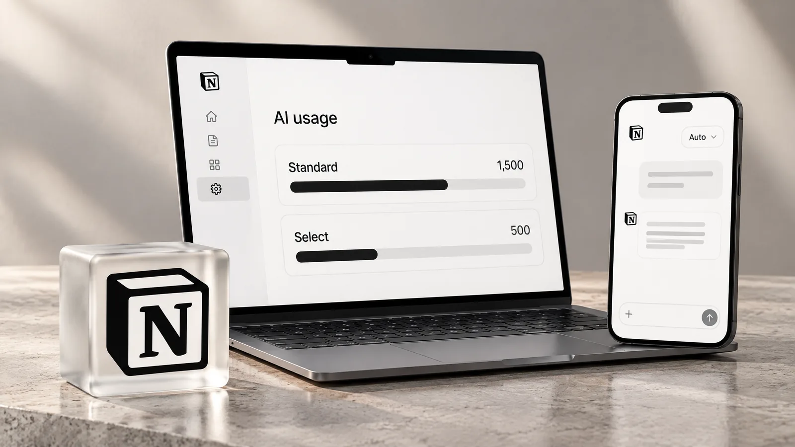 Notion AI credits: laptop showing 1,500 Standard and 500 Select usage meters, a phone with the Auto model picker and a frosted glass cube with the Notion logo