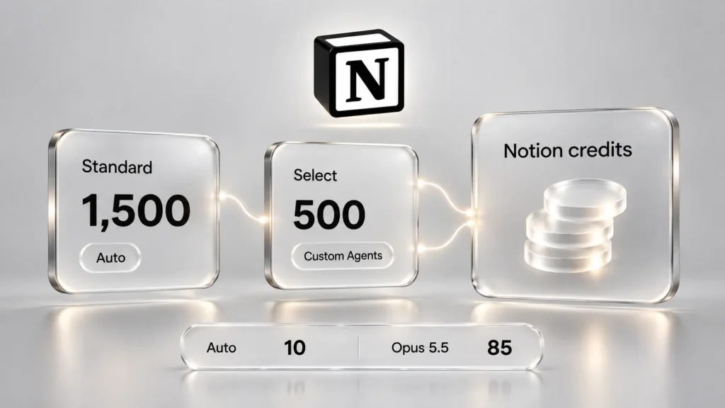 ثلاث بطاقات زجاجية تحت شعار Notion: 1,500 من أرصدة Standard لوضع Auto، و500 من أرصدة Select لـCustom Agents، ومجموعة أرصدة Notion المشتركة