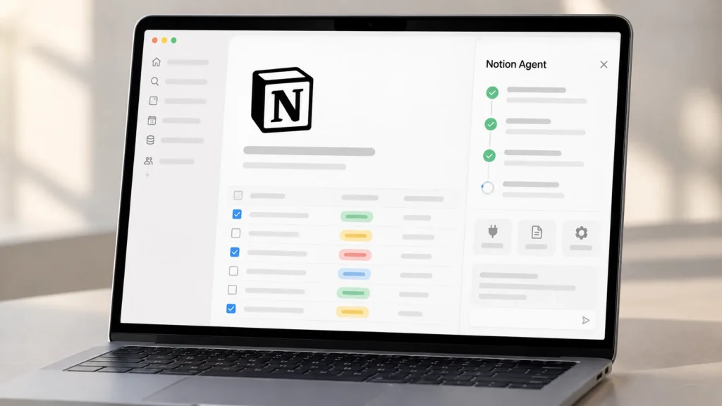 Notion MCP ve Notion 3.8: dizüstü bilgisayarda Notion görev veritabanı ve yanında adımları tamamlayan Notion Agent paneli