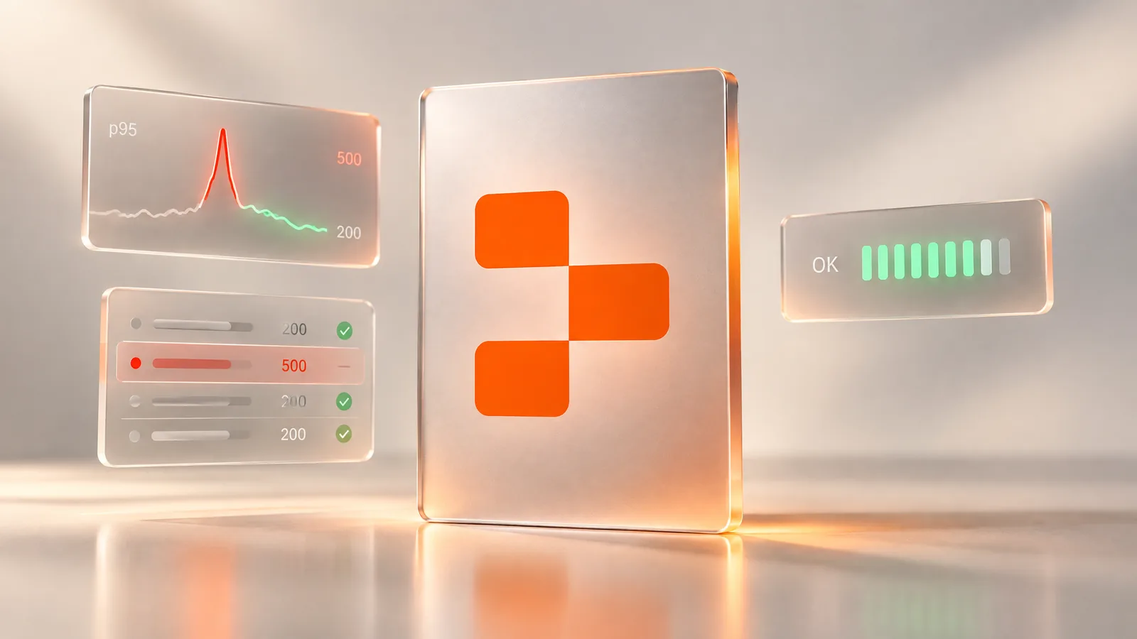 Replit Monitoring Agent: frosted glass panel with the Replit logo surrounded by a latency chart, a log list and an uptime meter