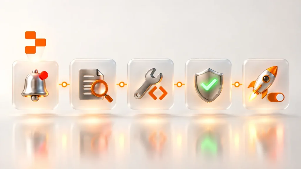 Replit Monitoring Agent workflow: alert, log review, fix, validation and optional publish steps
