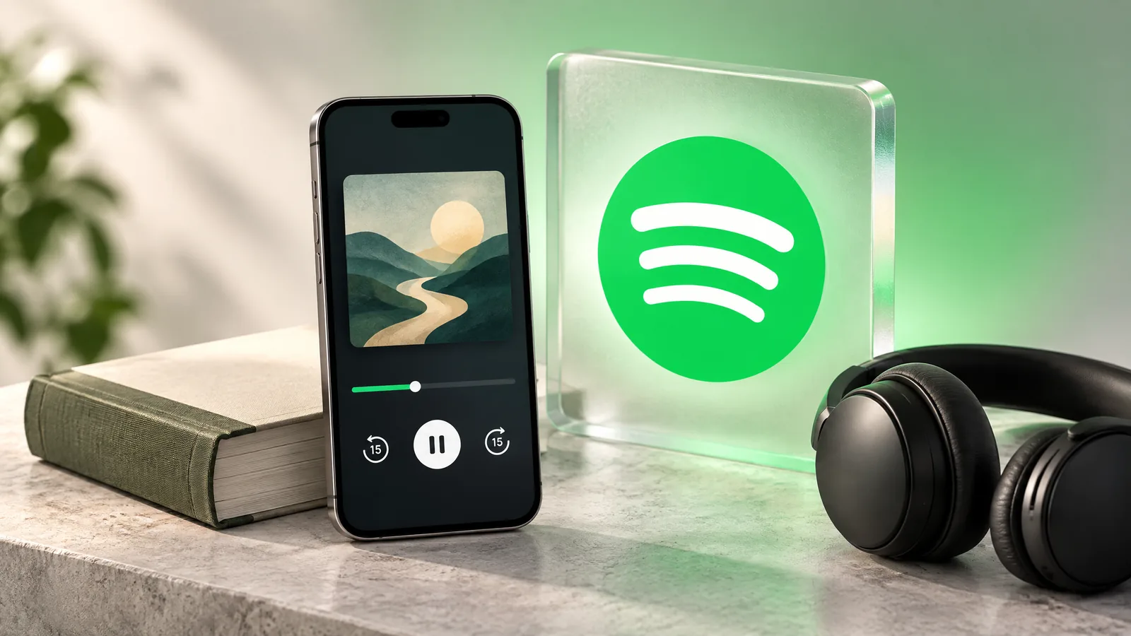 Spotify sesli kitap kapak görseli: sesli kitap oynatıcısı açık telefon, yanında ciltli kitap ve kulaklık, arkada buzlu cam üzerinde Spotify logosu