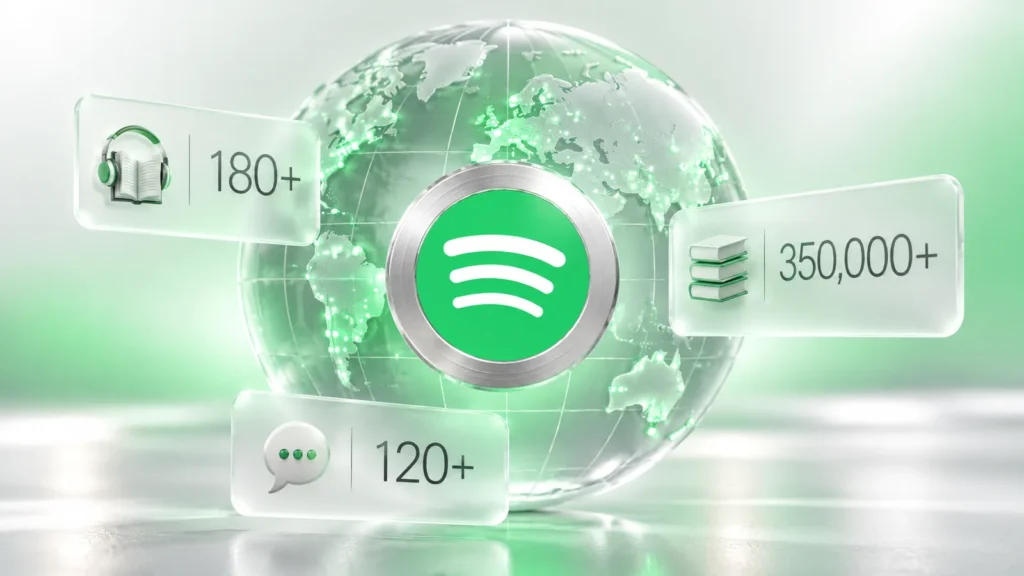 Spotify sesli kitap genişlemesi: yeşil noktalı cam küre önünde Spotify logosu; 180+ pazar, 350.000+ kitap ve 120+ dil kartları
