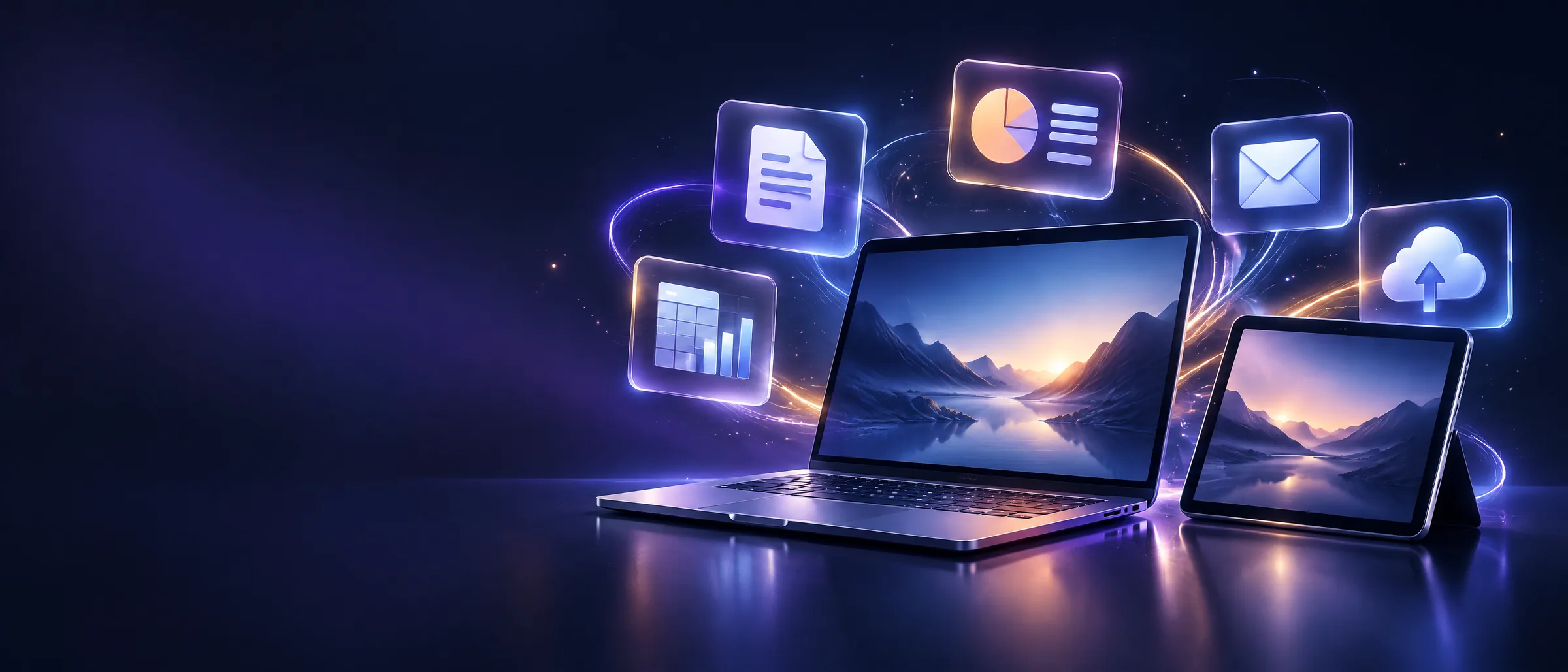 Office 365 e-postanıza davet: dizüstü bilgisayar ve tablet çevresinde belge, e-posta ve bulut simgeleri